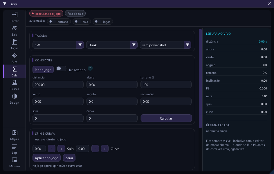 Aba Calc do GhostTools: tacada, condições lidas do jogo e ajuste de spin e curva